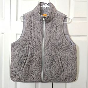 Ruby Rd. Gray Insulated Zip-Up Puffer Vest w/Lace Details & Pockets, Large, EUC